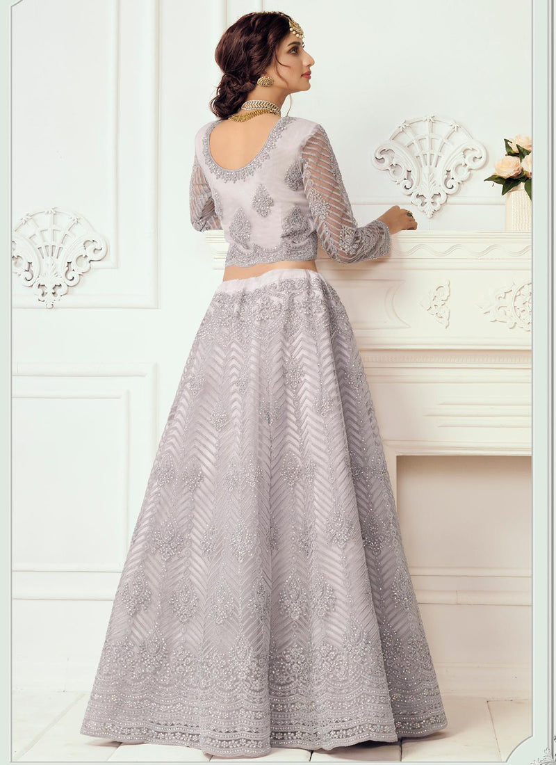 Lavender Net Embroidered Wedding Lehenga