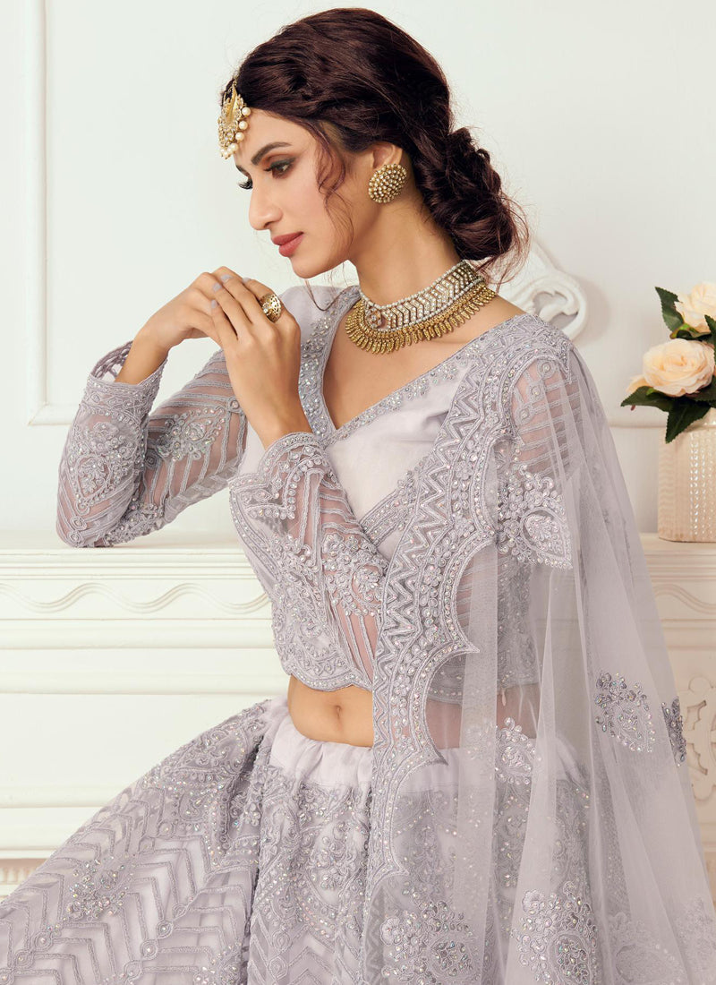 Lavender Net Embroidered Wedding Lehenga