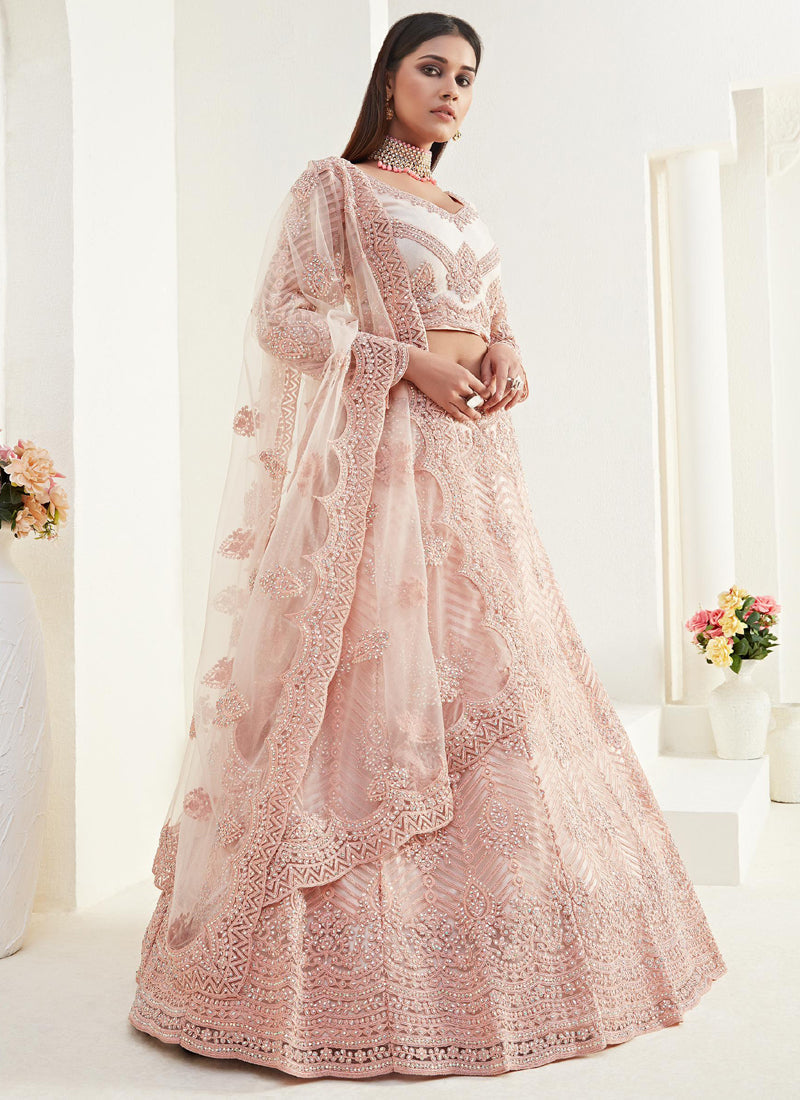 Peach Net Embroidered Wedding Lehenga