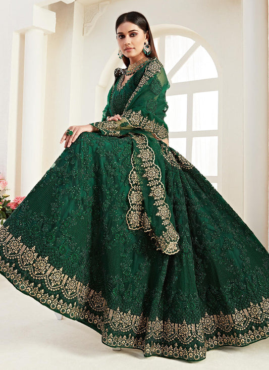 Green Net Embroidered Wedding Lehenga