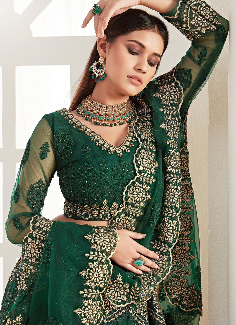 Green Net Embroidered Wedding Lehenga