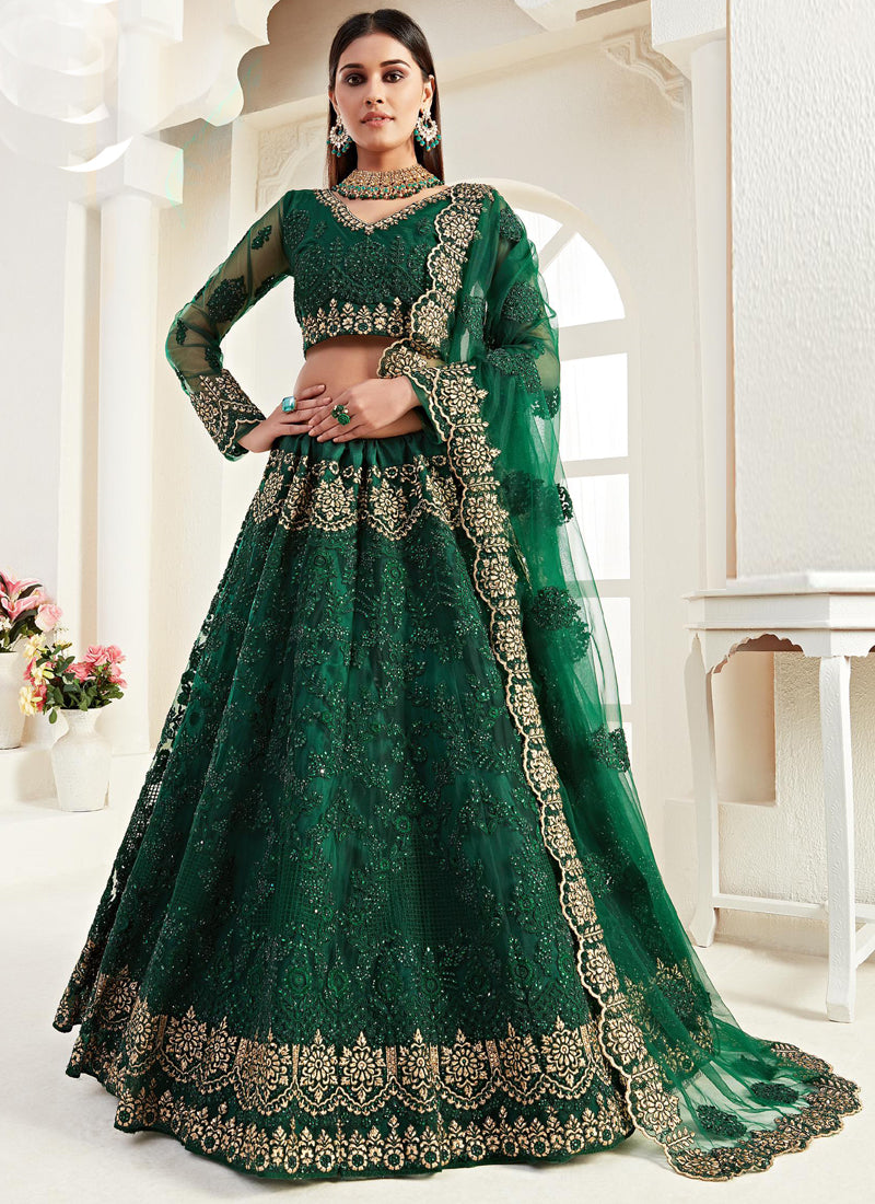 Green Net Embroidered Wedding Lehenga