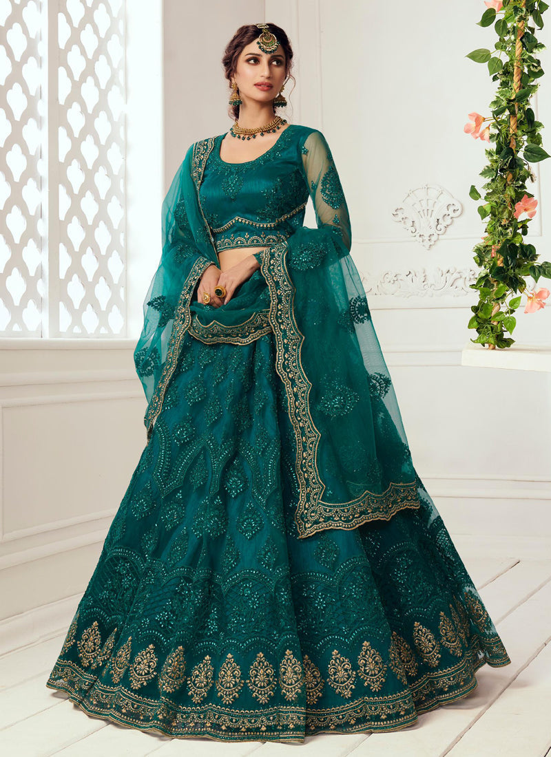 Teal Green Net Embroidered Wedding Lehenga