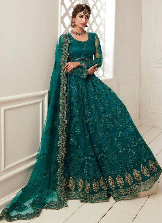 Teal Green Net Embroidered Wedding Lehenga