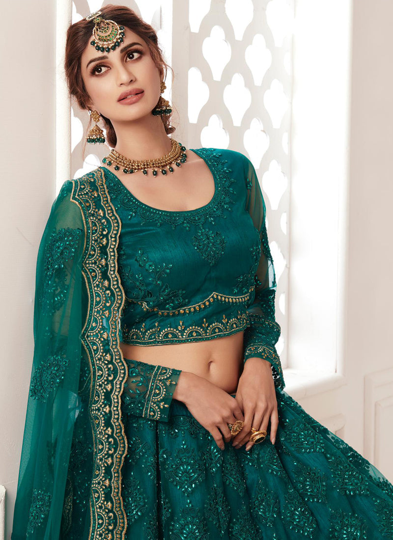 Teal Green Net Embroidered Wedding Lehenga