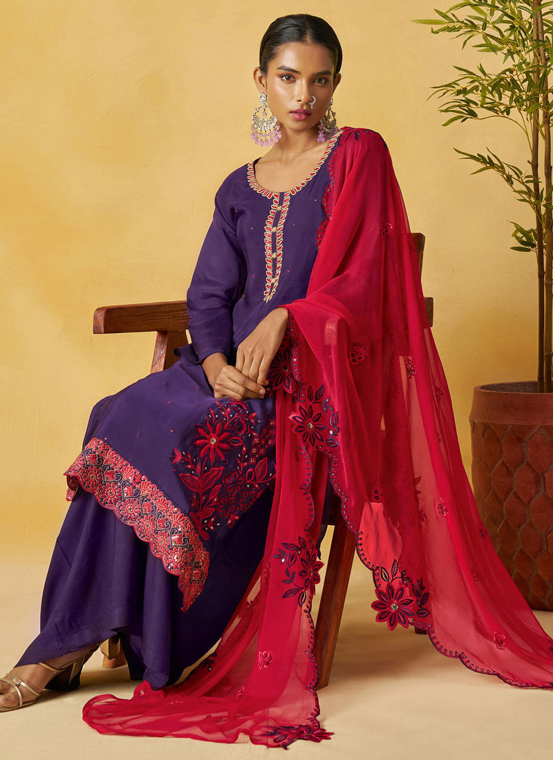 Violet Organza Embroidered And Handwork Palazzo Suit