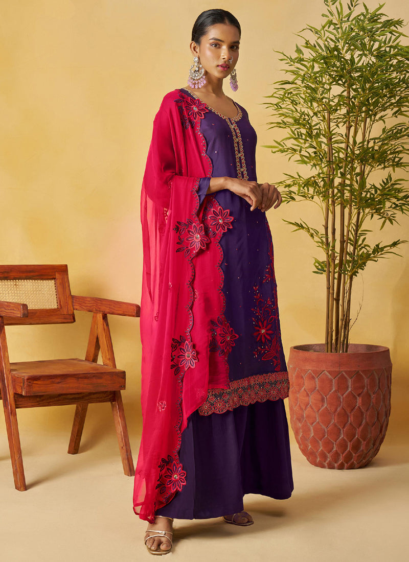 Violet Organza Embroidered And Handwork Palazzo Suit