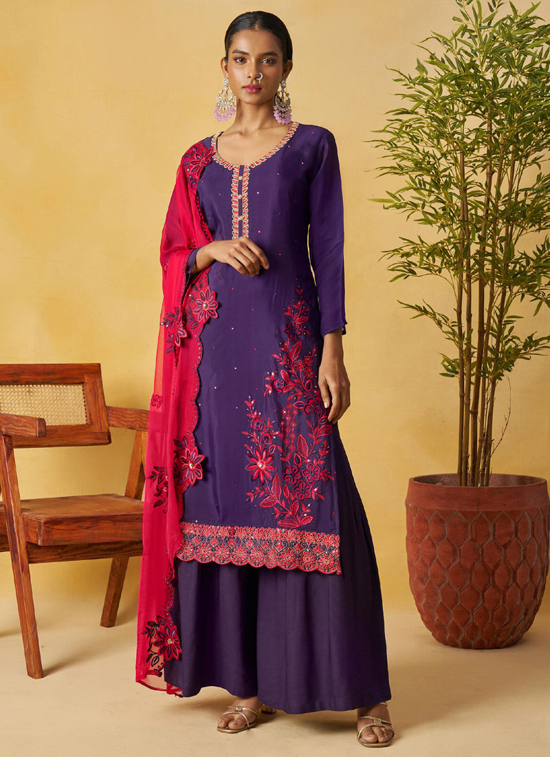 Violet Organza Embroidered And Handwork Palazzo Suit