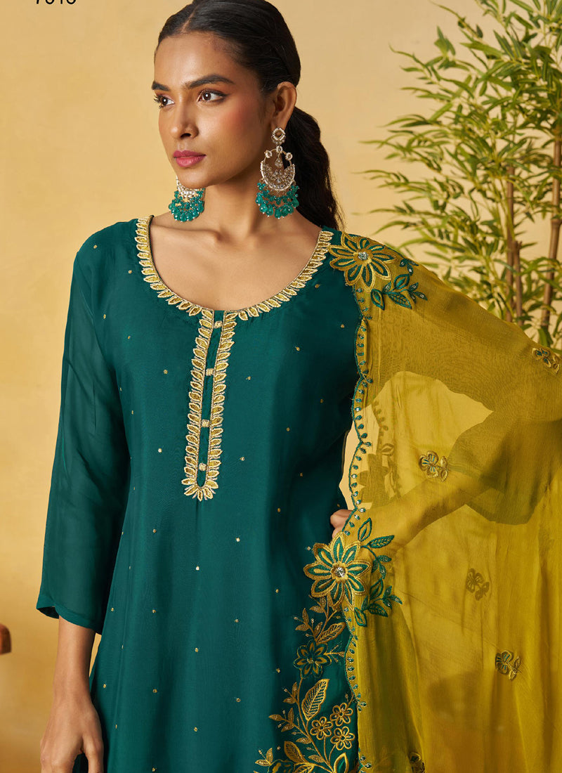 Aqua Green Organza Embroidered And Handwork Palazzo Suit