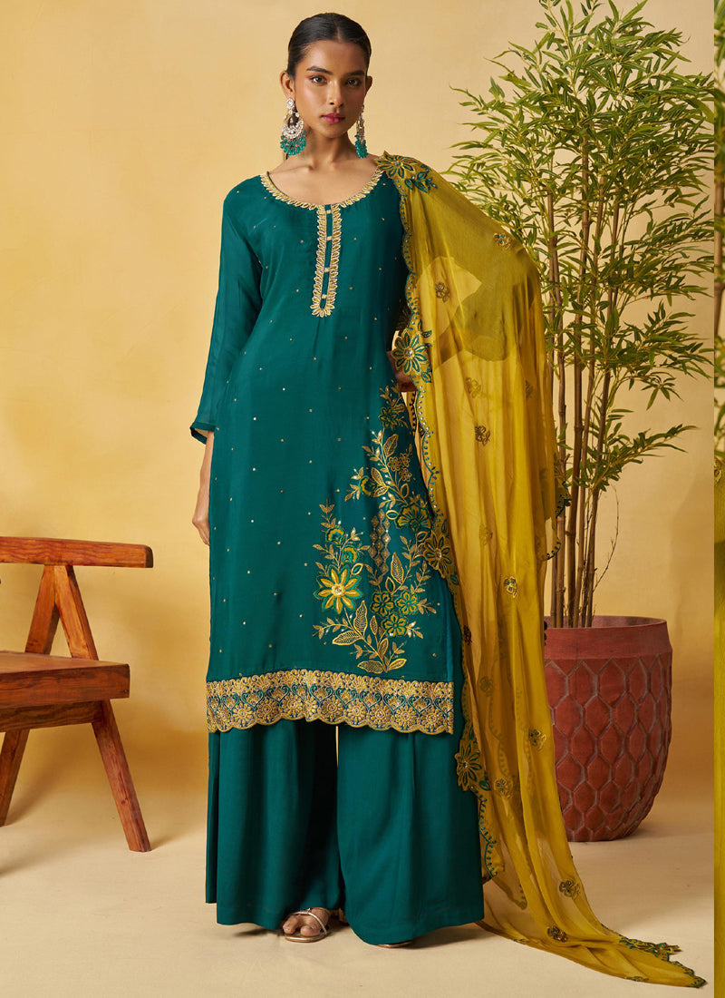 Aqua Green Organza Embroidered And Handwork Palazzo Suit