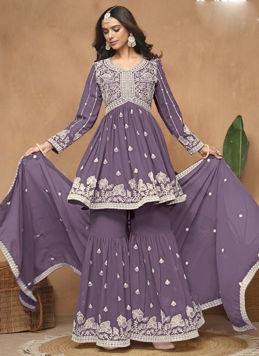 Purple  Georgette Embroidered Sharara Suit