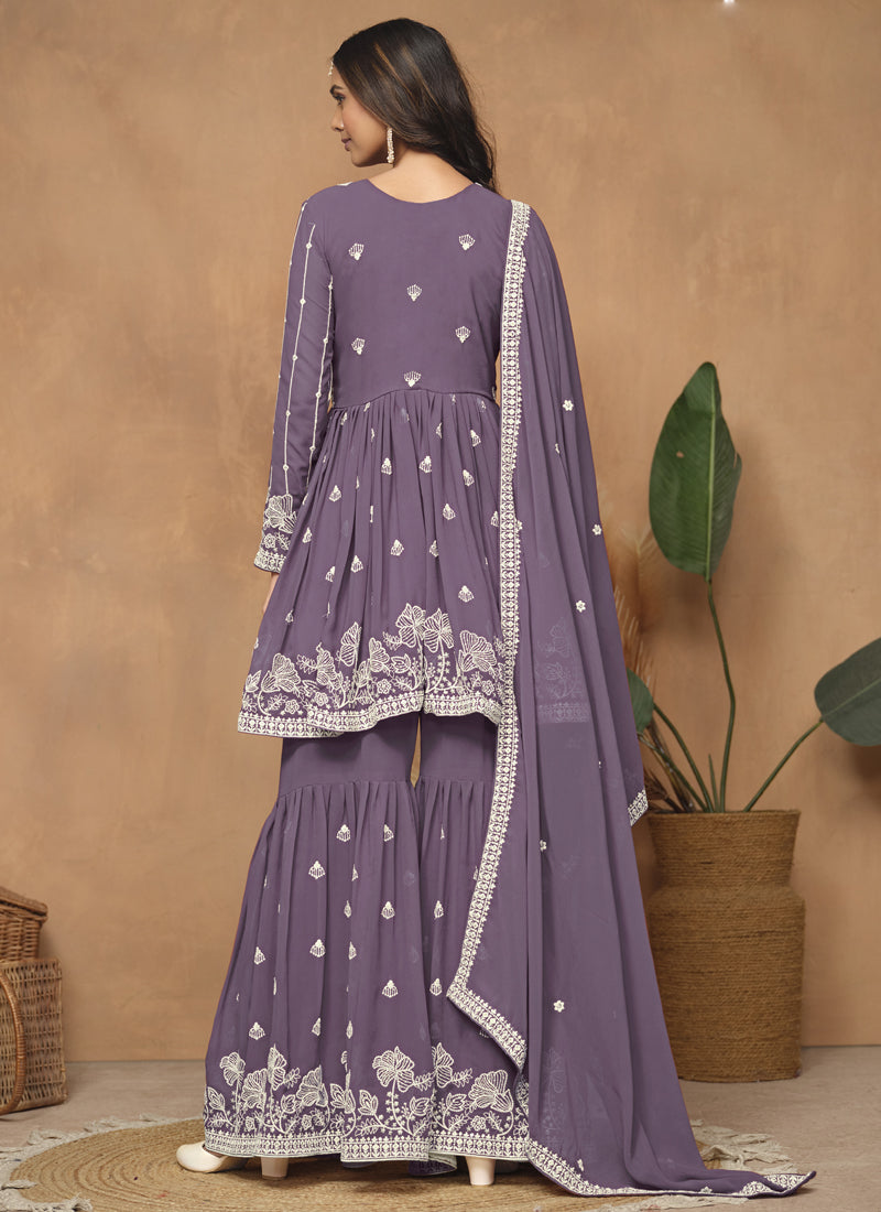 Purple  Georgette Embroidered Sharara Suit