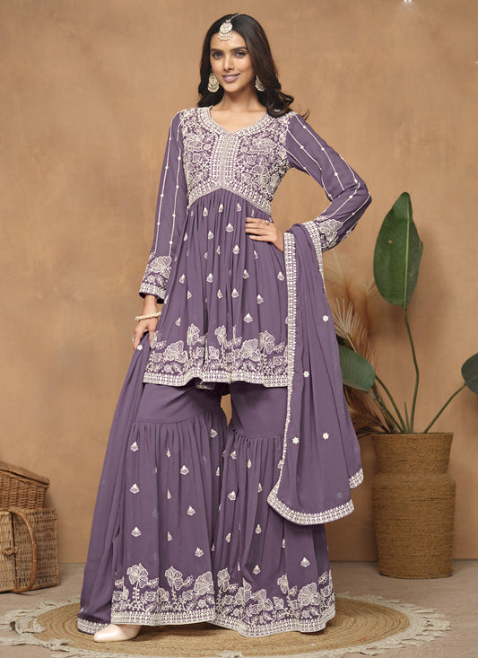 Purple  Georgette Embroidered Sharara Suit