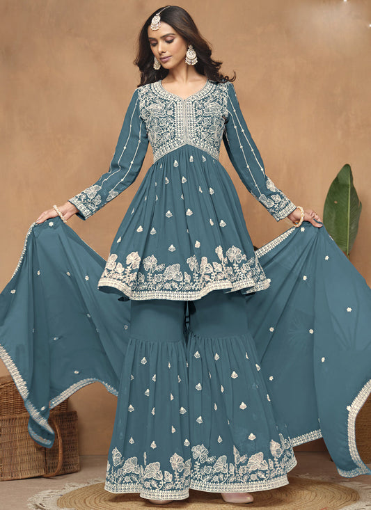 Grey Georgette Embroidered Sharara Suit