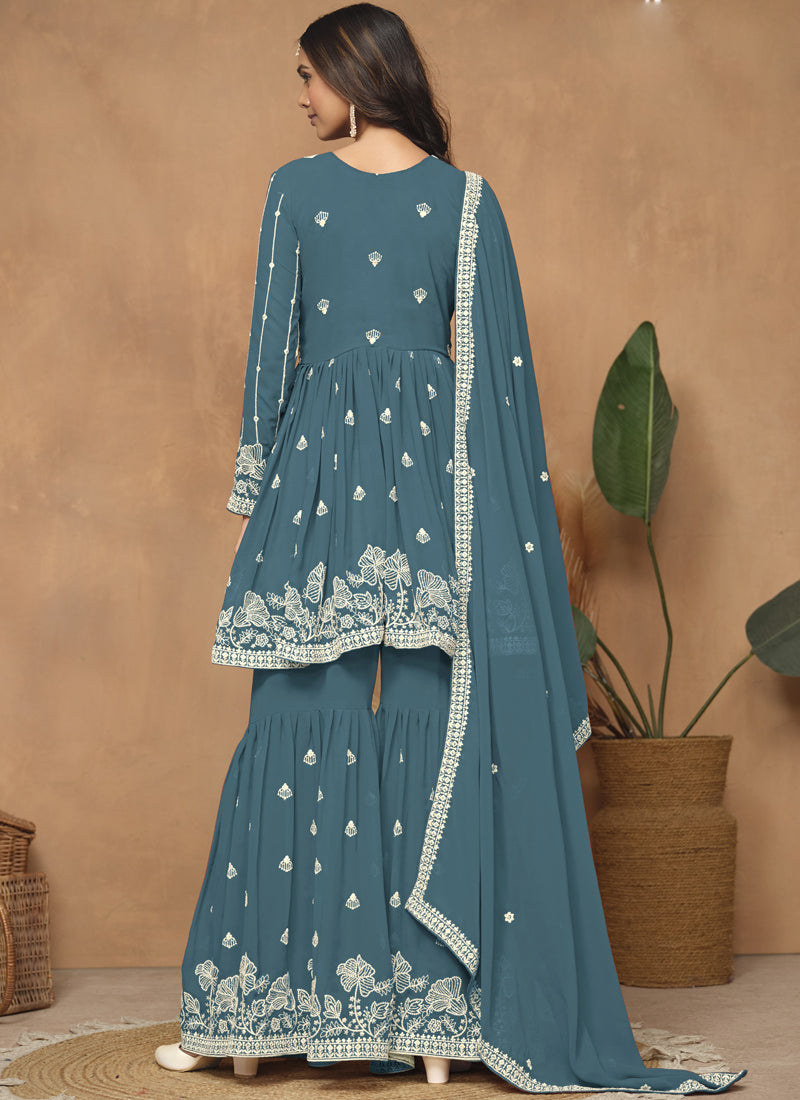 Grey Georgette Embroidered Sharara Suit