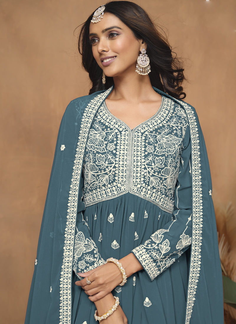 Grey Georgette Embroidered Sharara Suit