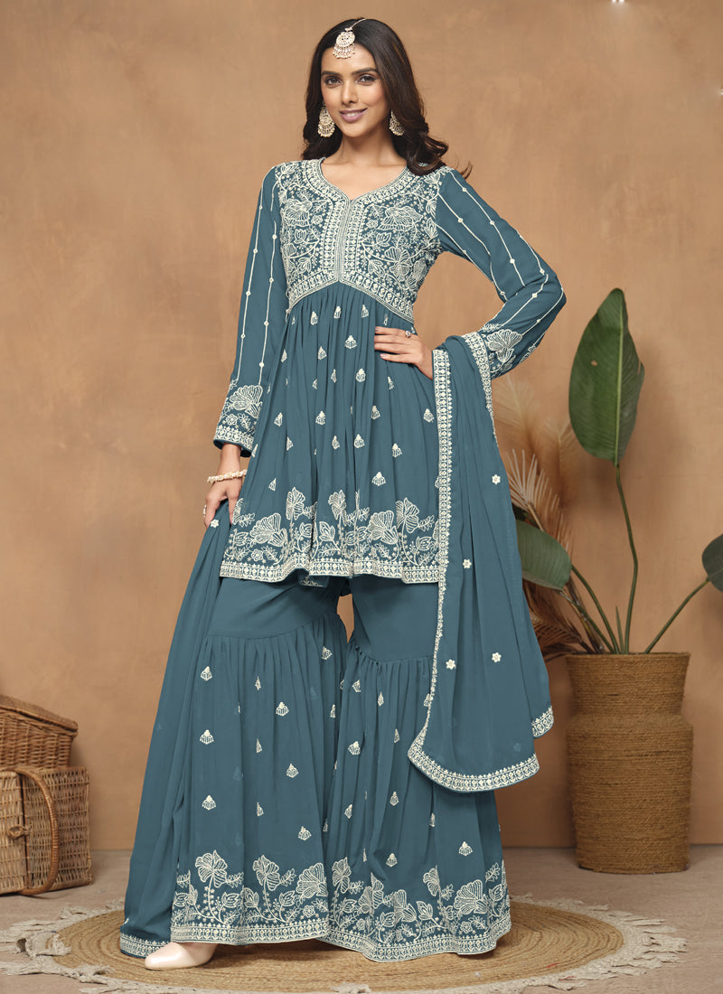 Grey Georgette Embroidered Sharara Suit