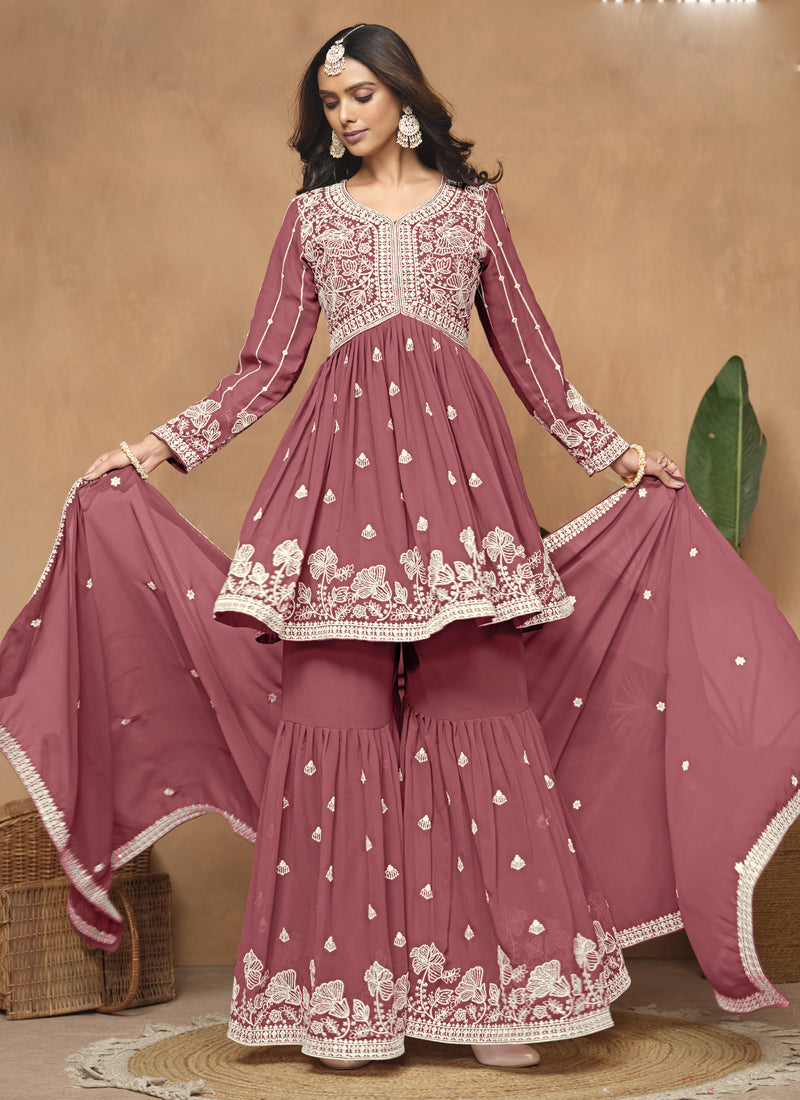 Dark Peach  Georgette Embroidered Sharara Suit
