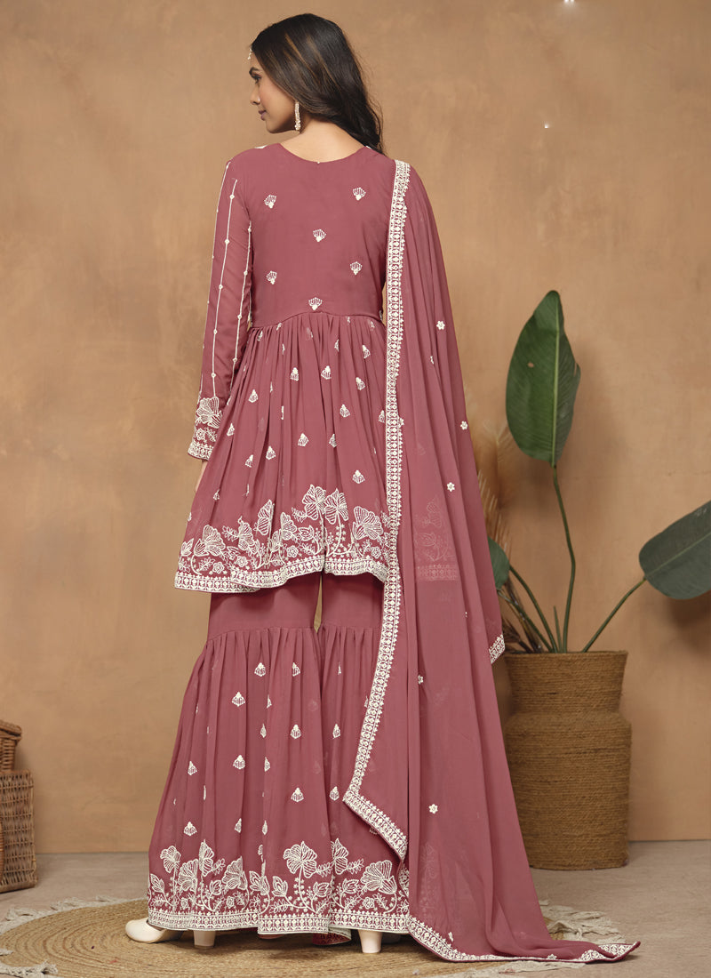 Dark Peach  Georgette Embroidered Sharara Suit