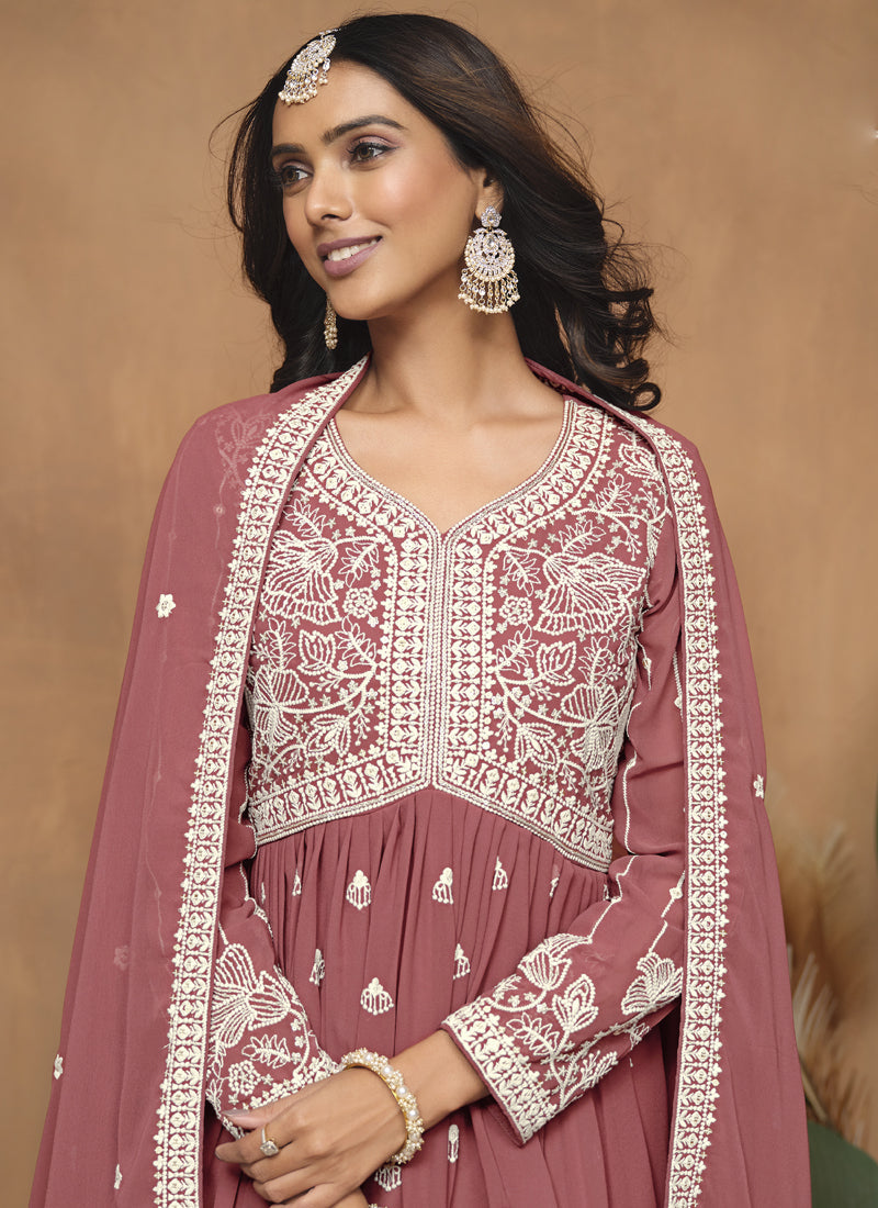 Dark Peach  Georgette Embroidered Sharara Suit