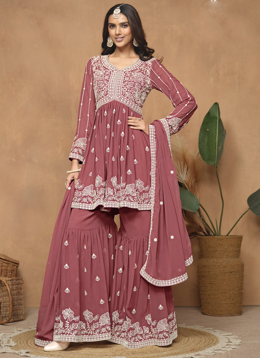 Dark Peach  Georgette Embroidered Sharara Suit