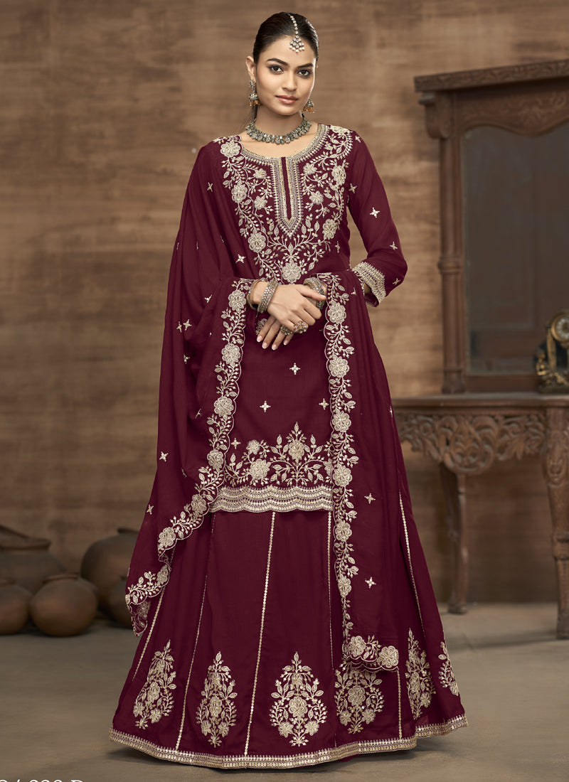 Maroon Vichitra Silk Embroidered Lehenga Style Suit