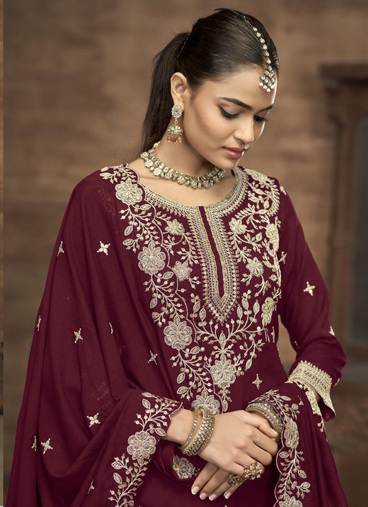 Maroon Vichitra Silk Embroidered Lehenga Style Suit