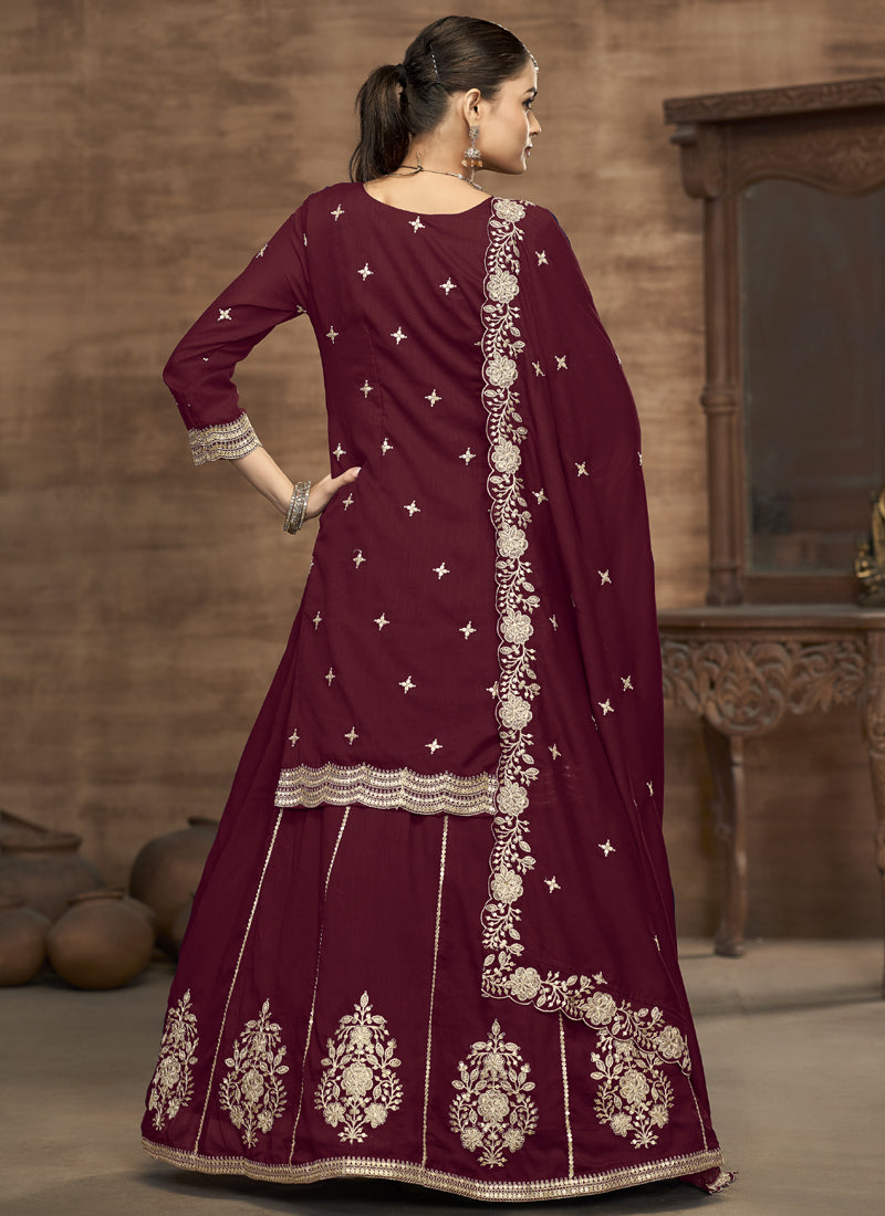 Maroon Vichitra Silk Embroidered Lehenga Style Suit