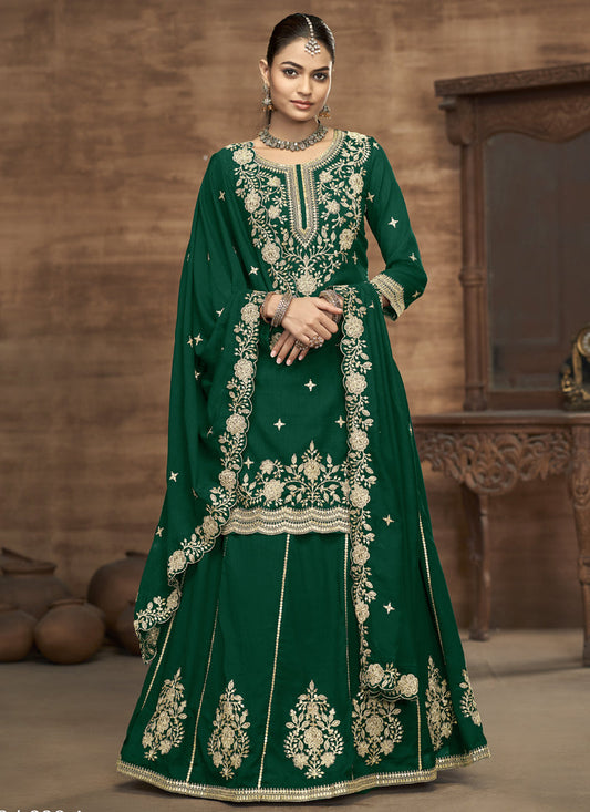 Green Vichitra Silk Embroidered Lehenga Style Suit