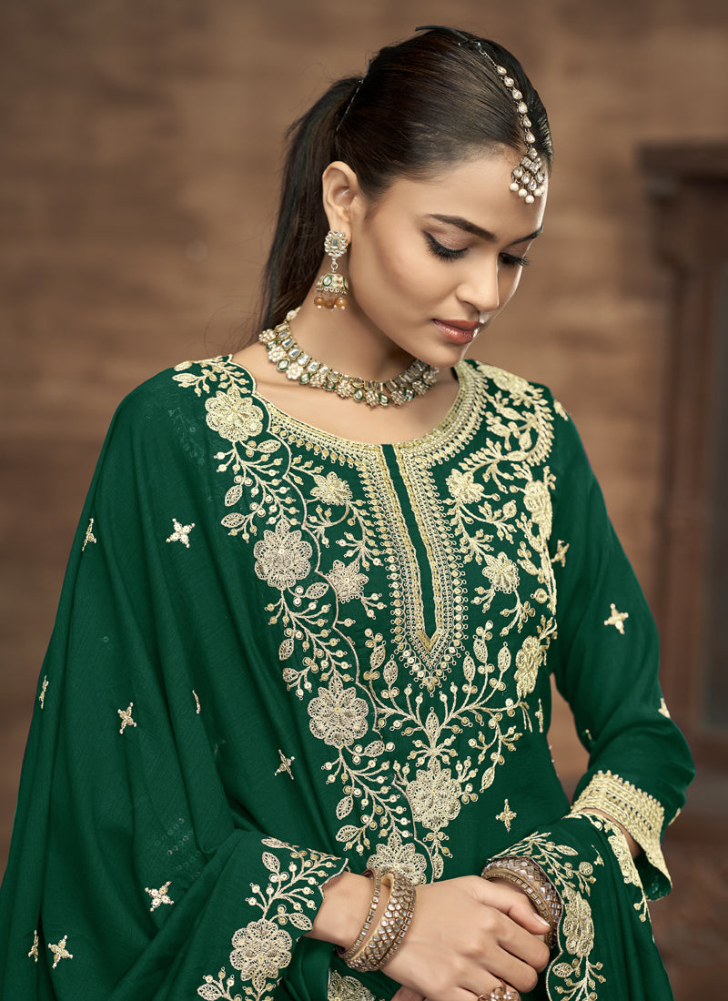 Green Vichitra Silk Embroidered Lehenga Style Suit
