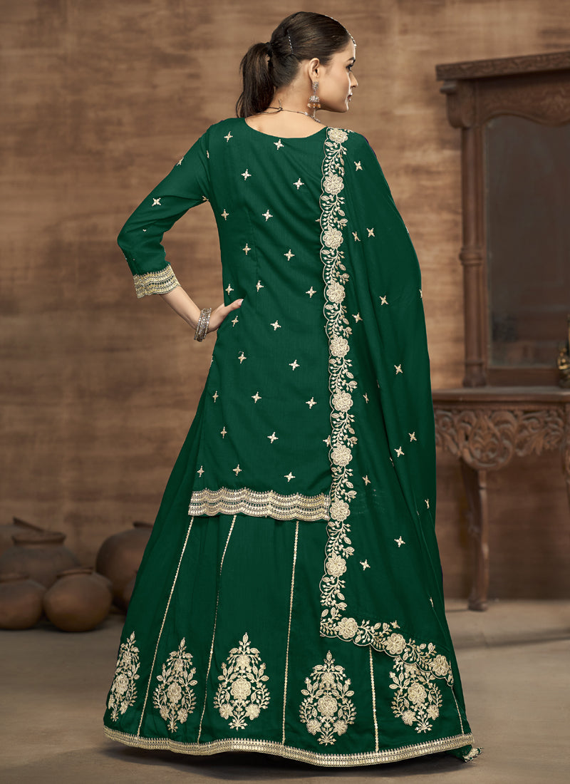 Green Vichitra Silk Embroidered Lehenga Style Suit