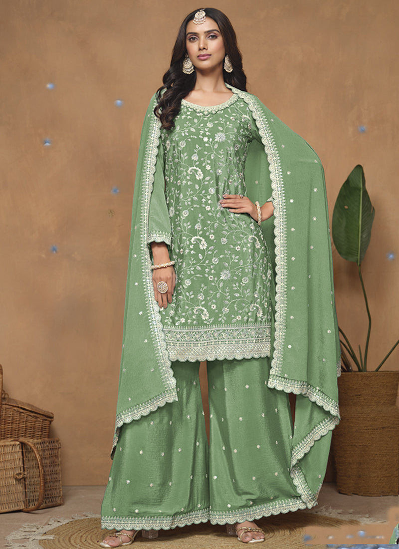Light Green Chinon Silk Embroidered Palazzo Suit