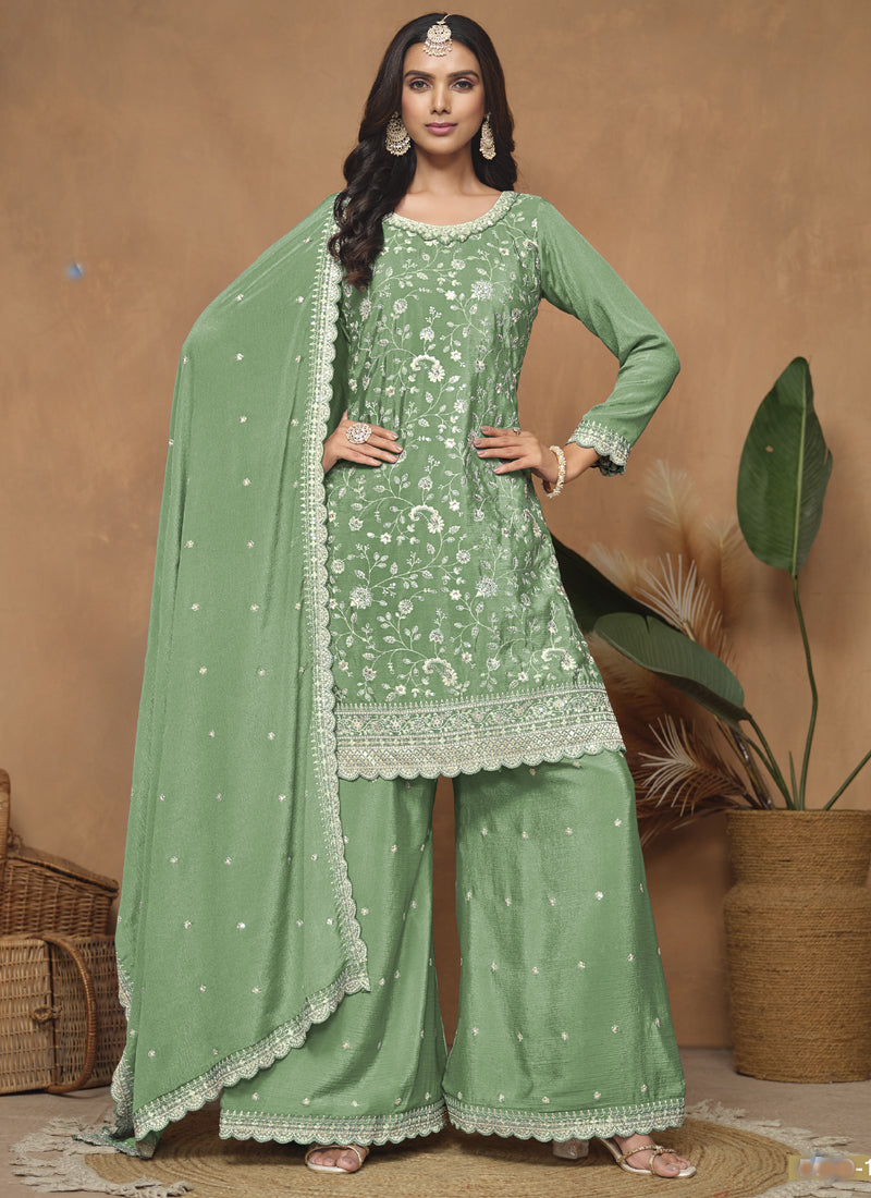 Light Green Chinon Silk Embroidered Palazzo Suit