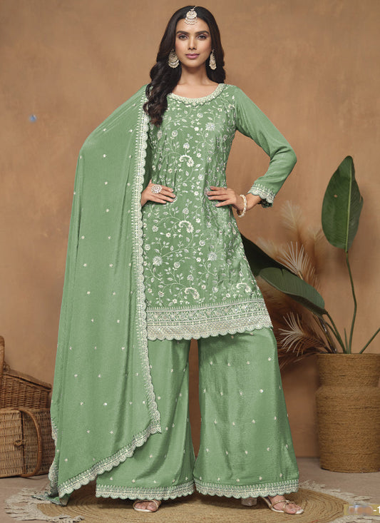 Light Green Chinon Silk Embroidered Palazzo Suit
