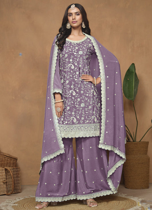 Lavender Chinon Silk Embroidered Palazzo Suit