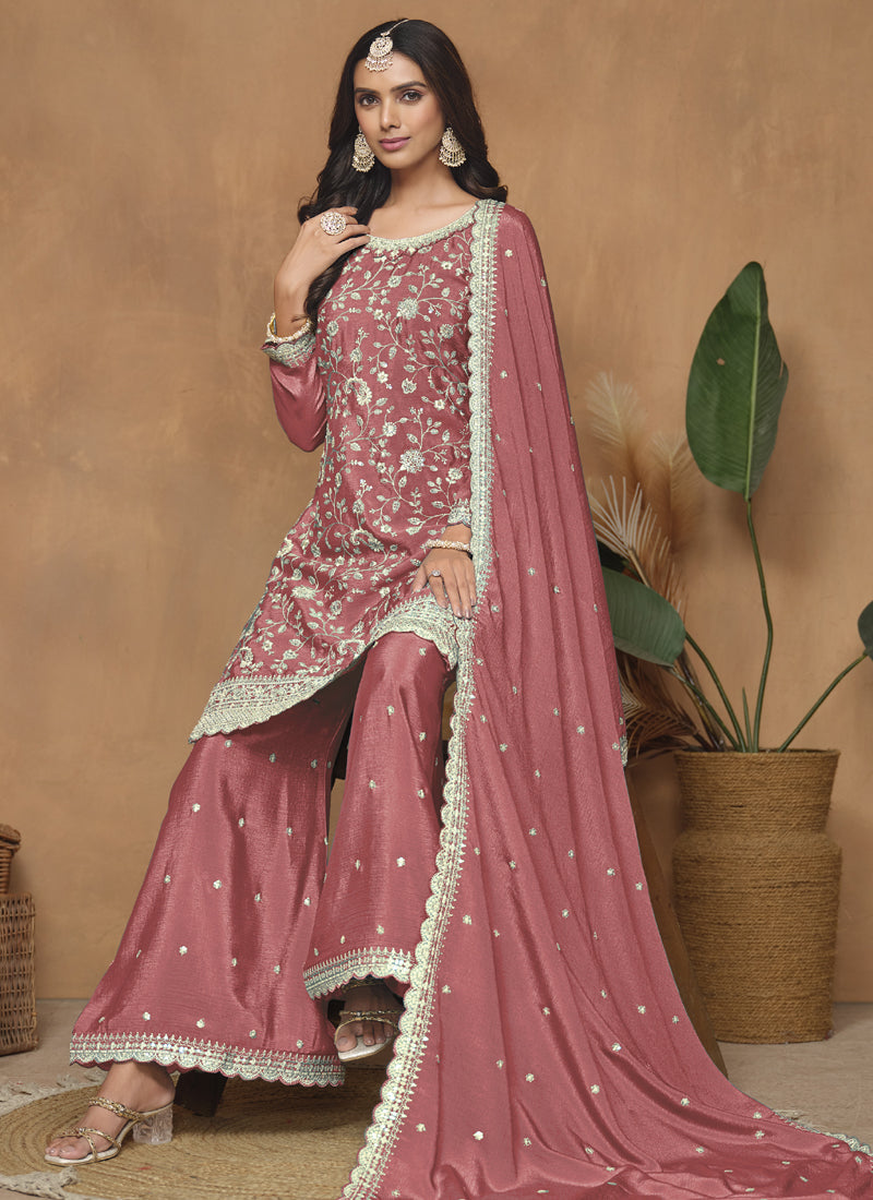 Peach Chinon Silk Embroidered Palazzo Suit