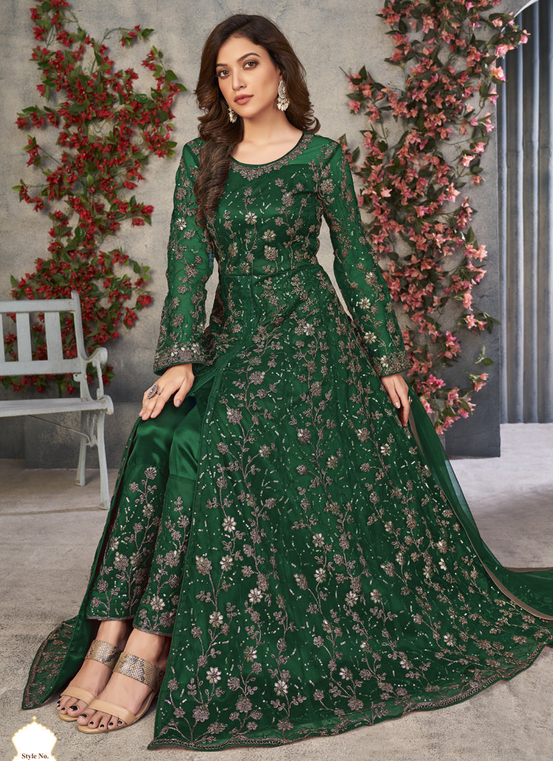 Green Net Embroidered Anarkali Suit