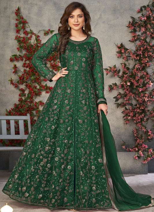 Green Net Embroidered Anarkali Suit