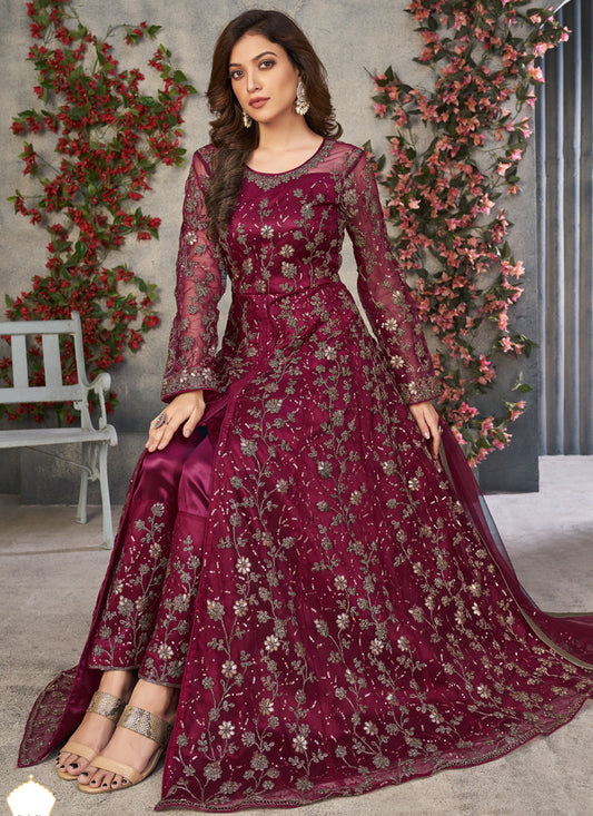 Wine Net Embroidered Anarkali Suit