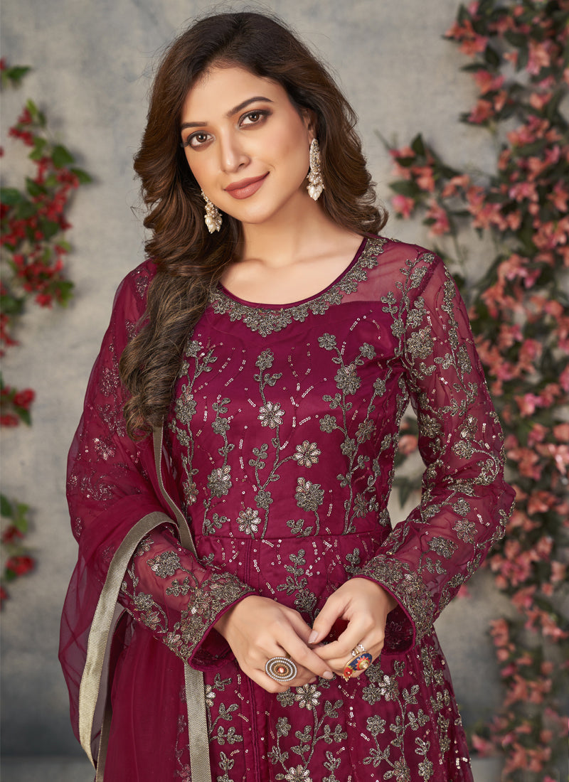 Wine Net Embroidered Anarkali Suit