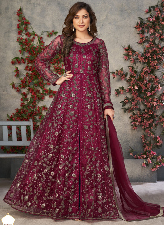 Wine Net Embroidered Anarkali Suit