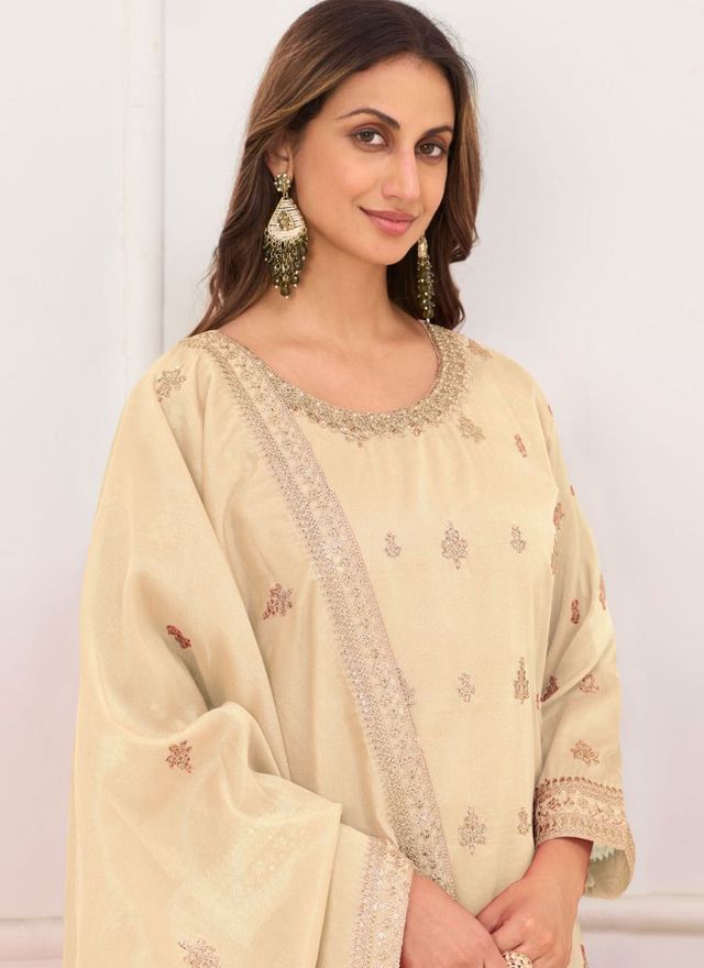 Cream Embroidery Real Simar Silk Salwar suit