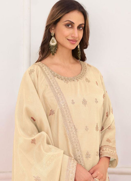 Cream Embroidery Real Simar Silk Salwar suit