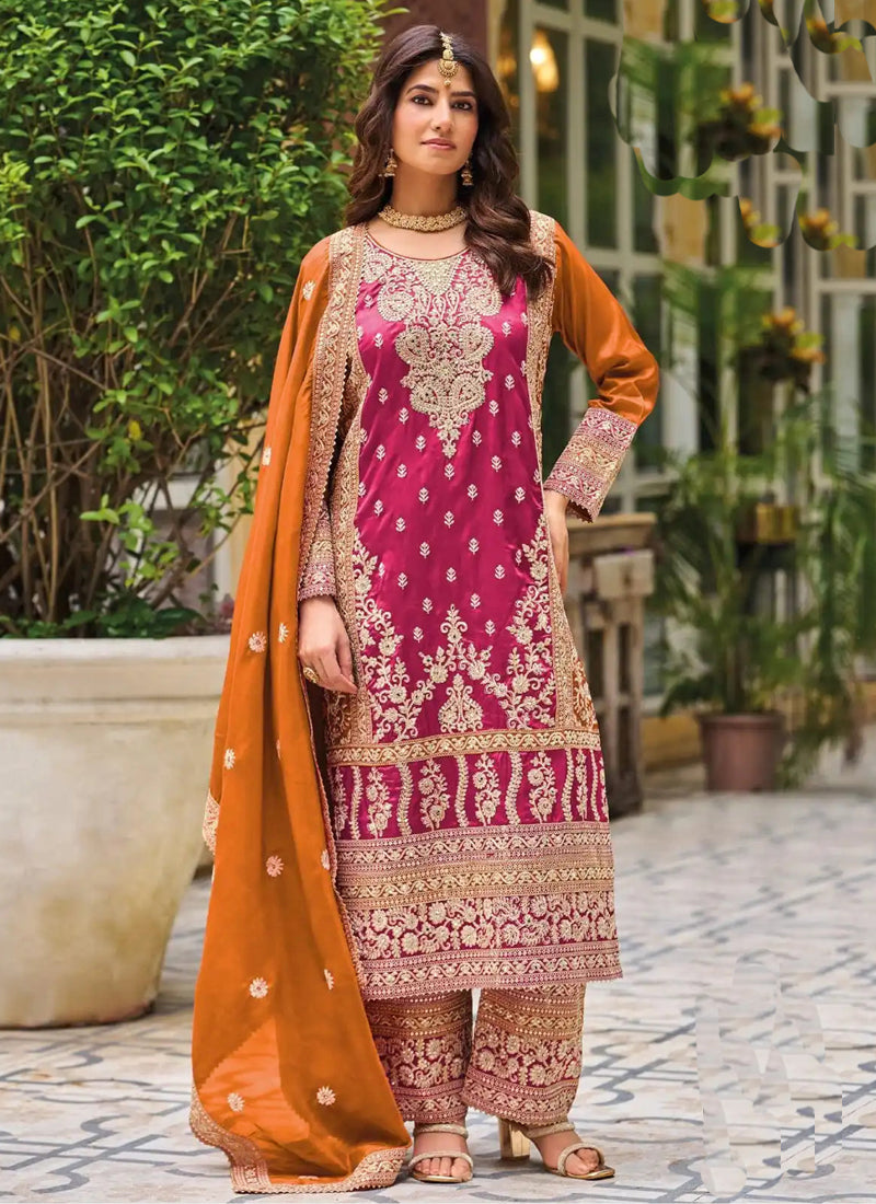 Pink Chinon Silk Embroidered Designer Palazzo Suit