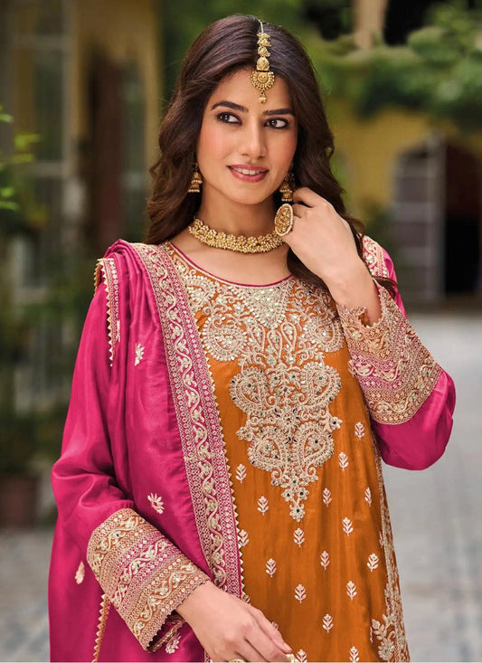 Orange Chinon Silk Embroidered Designer Palazzo Suit