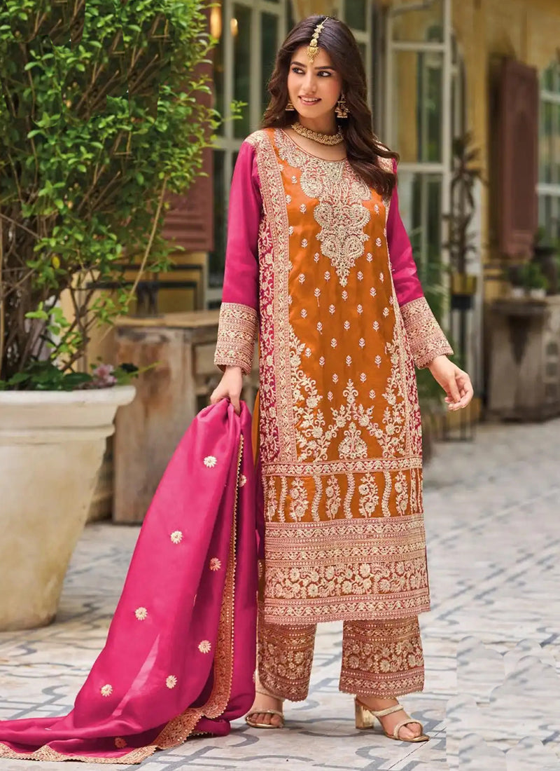 Orange Chinon Silk Embroidered Designer Palazzo Suit