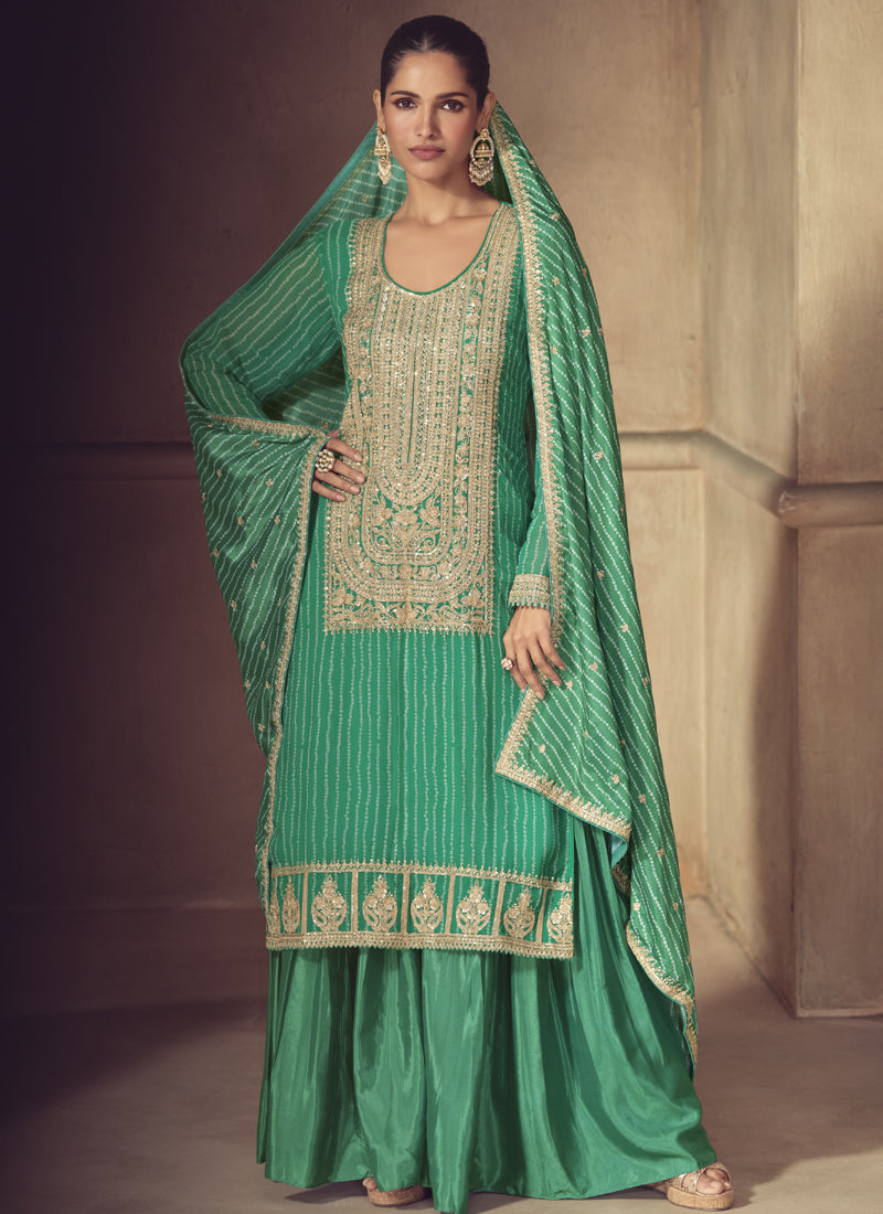 Bottle Green Chinon Silk Embroidered Designer Sharara Suit