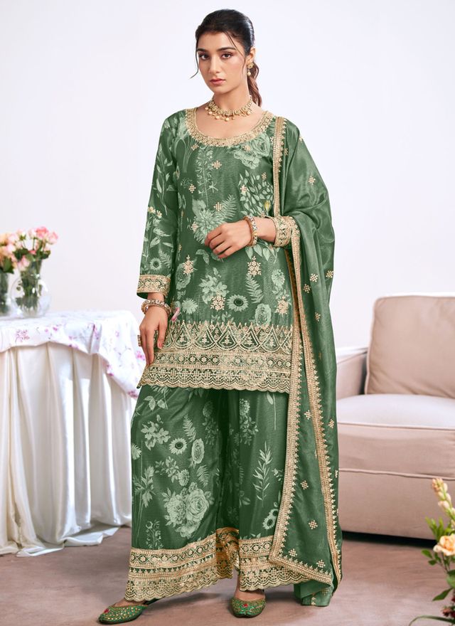 Dark-Green Embroidery Chinon Silk Salwar Suit