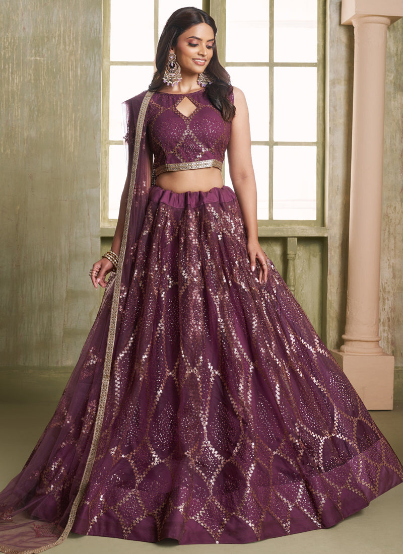 Wine Butterfly Net Thread Sequence Lehenga Choli