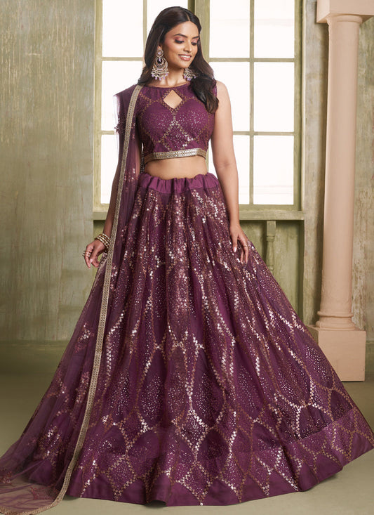 Wine Butterfly Net Thread Sequence Lehenga Choli